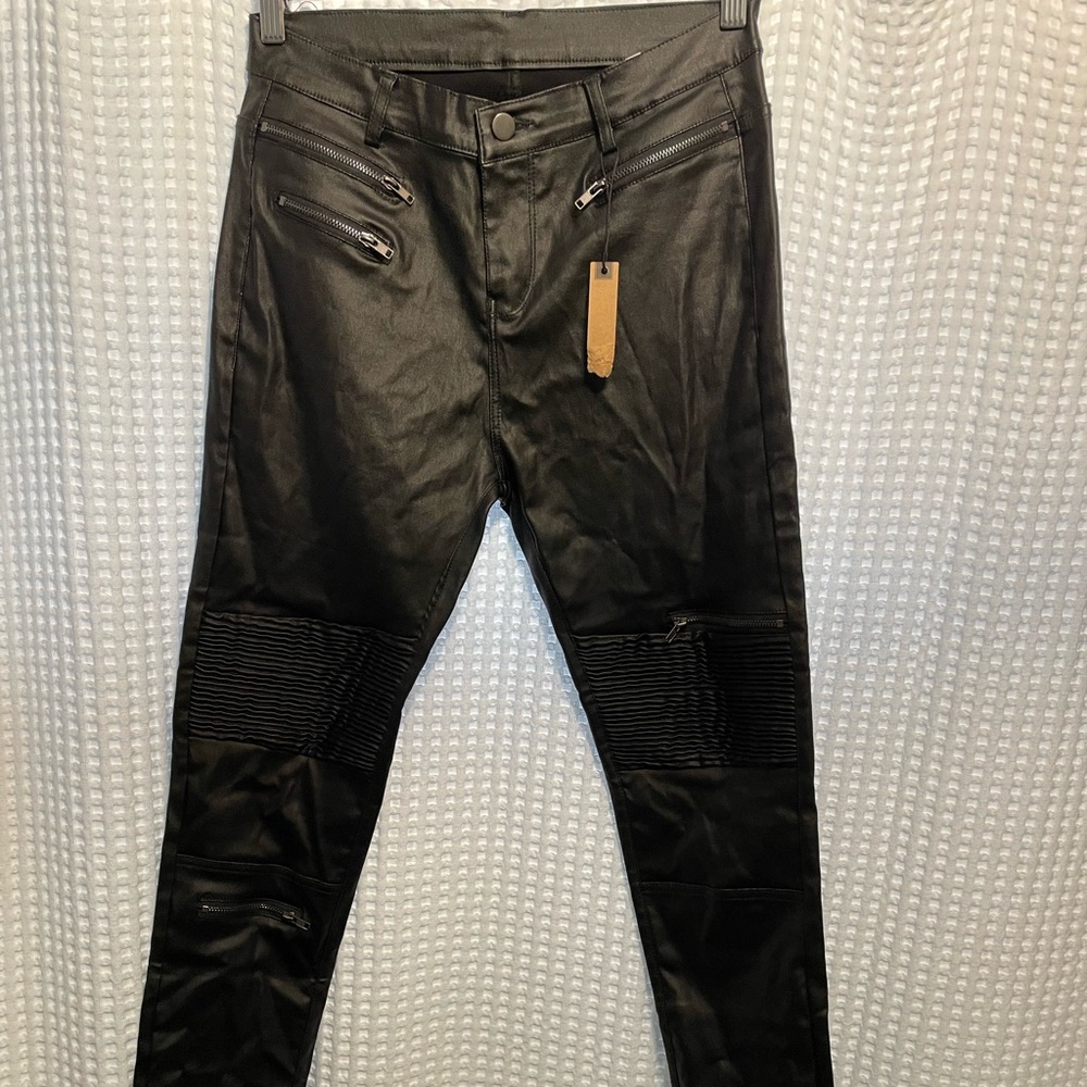 Black faux leather motor pants